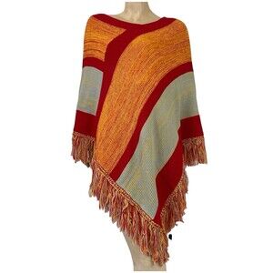 Women's Knitted Shawl Poncho with Fringed Capelet V-Neck Sweater Pullover Cape